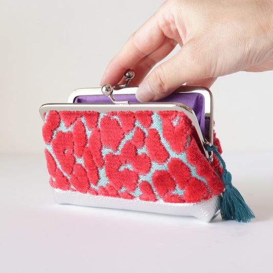 日本手作親子口金錢包|豹紋天鵝絨 × 日本牛革(Hot Pink & Turquoise)