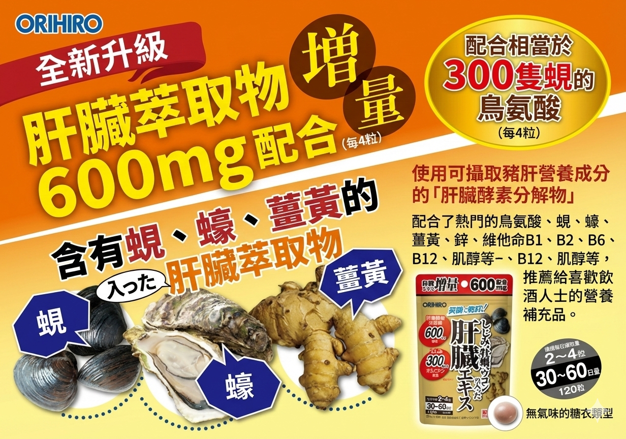 ORIHIRO Liver Extract 護肝萃取物 (蜆/蠔/薑黃)2袋240粒優惠裝 有助修復肝臟機能