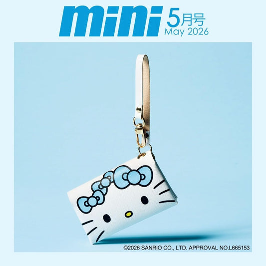 The May 2026 issue of mini magazine features Mei Hata on the cover and includes a light blue Hello Kitty cross-grain leather storage bag.
