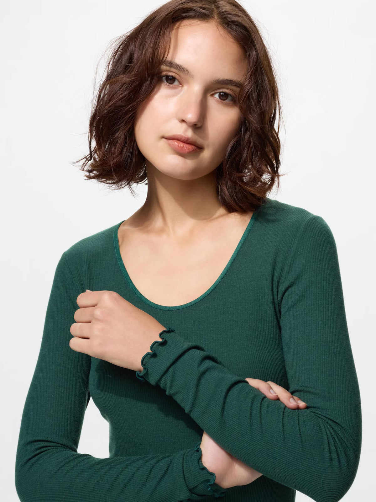 日本UNIQLO × Princesse tam.tam 極暖 HEATTECH 羊絨混紡羅紋 U 領長袖上衣 法式精緻保暖內搭