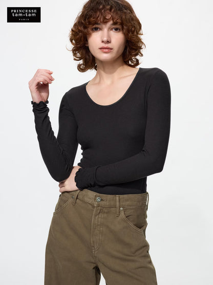日本UNIQLO × Princesse tam.tam 極暖 HEATTECH 羊絨混紡羅紋 U 領長袖上衣 法式精緻保暖內搭