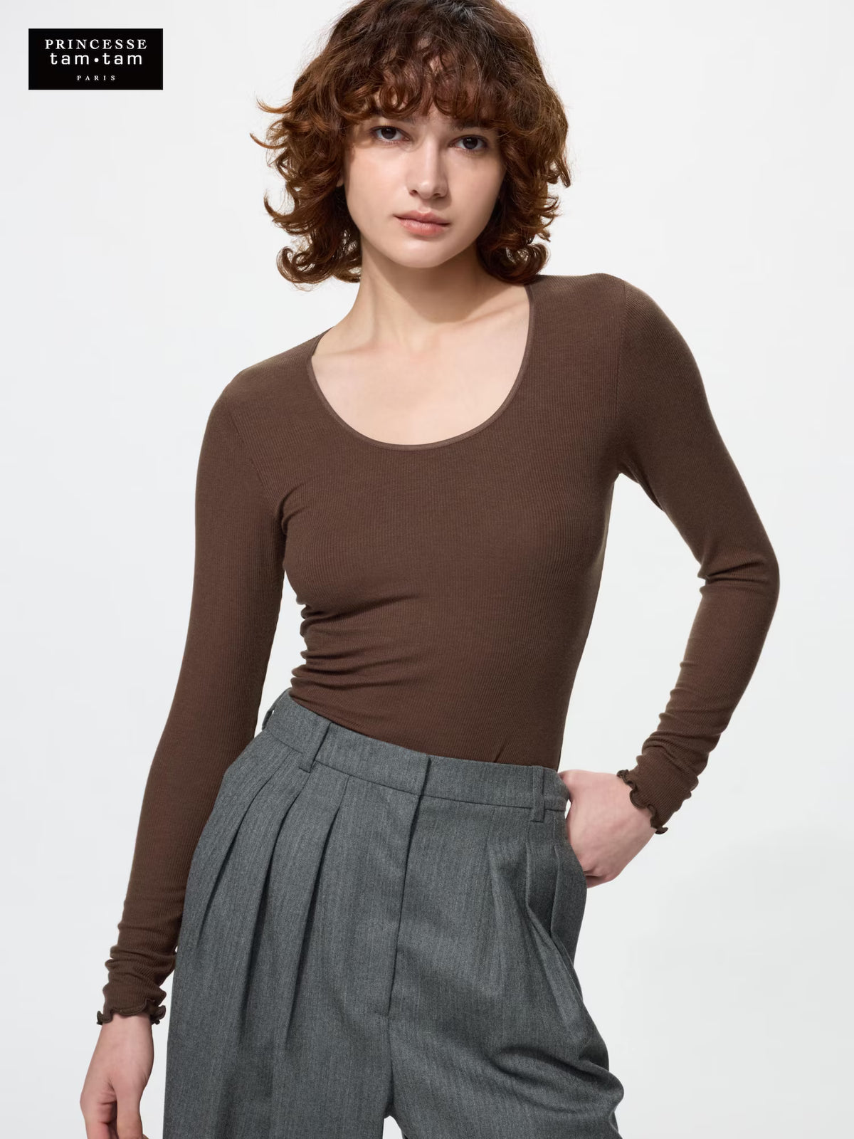 日本UNIQLO × Princesse tam.tam 極暖 HEATTECH 羊絨混紡羅紋 U 領長袖上衣 法式精緻保暖內搭