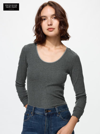 日本UNIQLO × Princesse tam.tam 極暖 HEATTECH 羊絨混紡羅紋 U 領長袖上衣 法式精緻保暖內搭