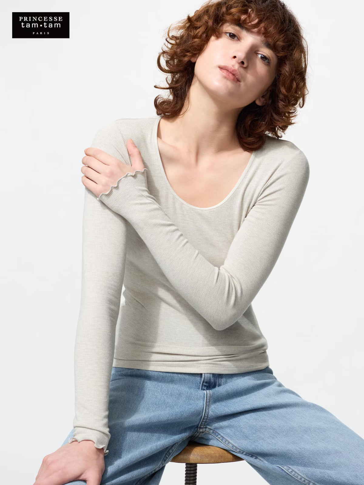 日本UNIQLO × Princesse tam.tam 極暖 HEATTECH 羊絨混紡羅紋 U 領長袖上衣 法式精緻保暖內搭