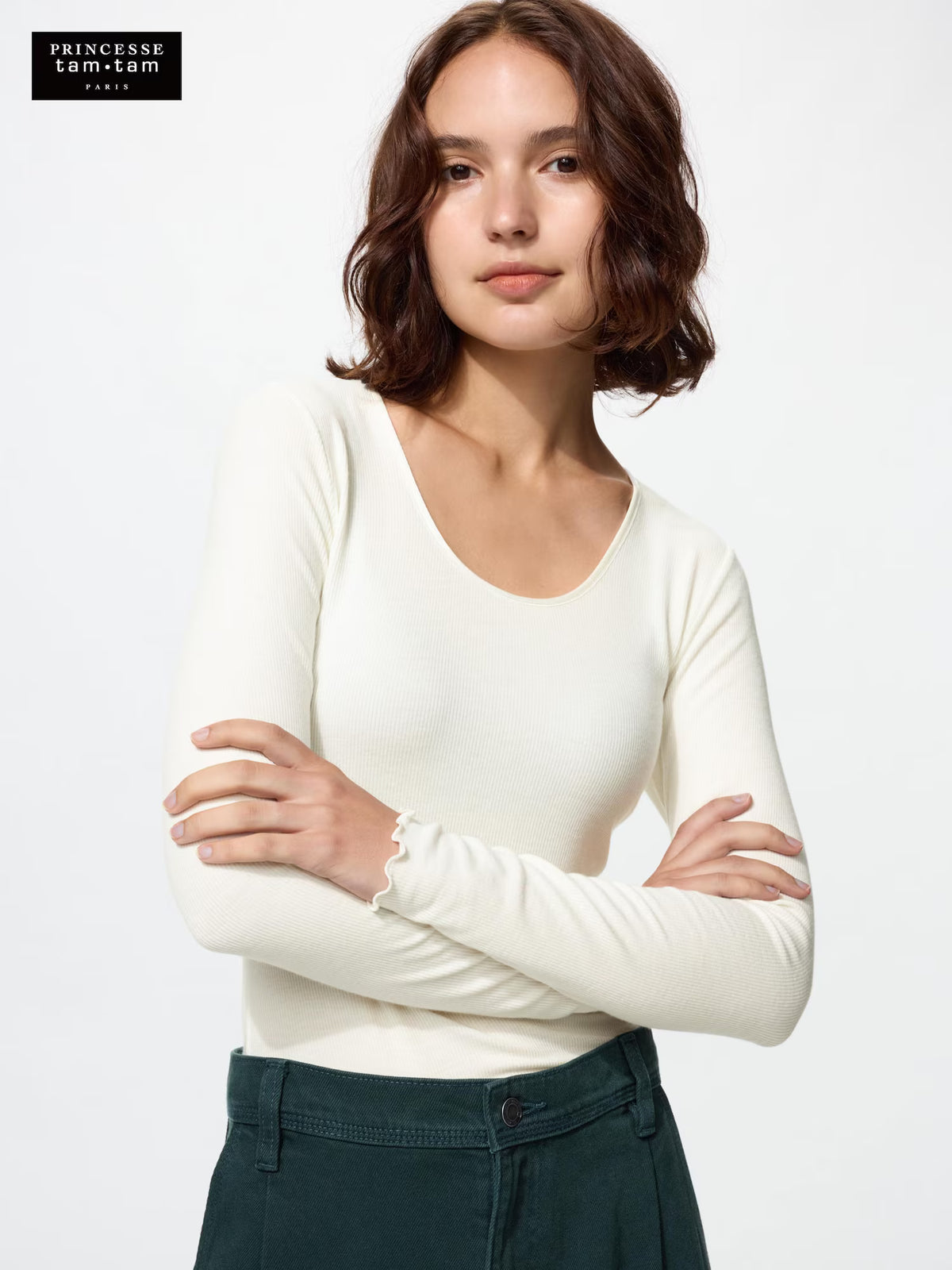 日本UNIQLO × Princesse tam.tam 極暖 HEATTECH 羊絨混紡羅紋 U 領長袖上衣 法式精緻保暖內搭