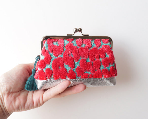 日本手作親子口金錢包｜豹紋天鵝絨 × 日本牛革（Hot Pink &amp; Turquoise）