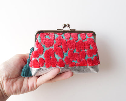 日本手作親子口金錢包｜豹紋天鵝絨 × 日本牛革（Hot Pink &amp; Turquoise）