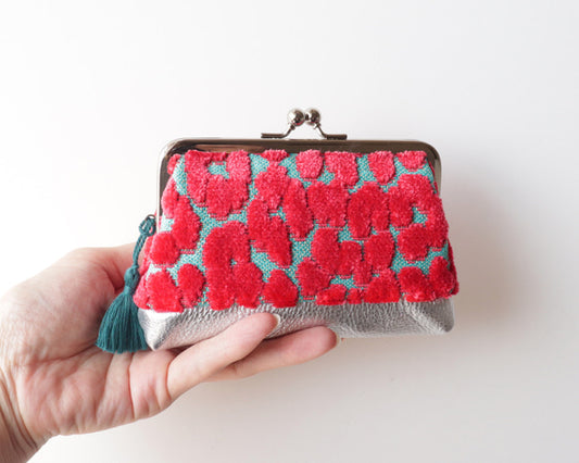 日本手作親子口金錢包｜豹紋天鵝絨 × 日本牛革（Hot Pink &amp; Turquoise）
