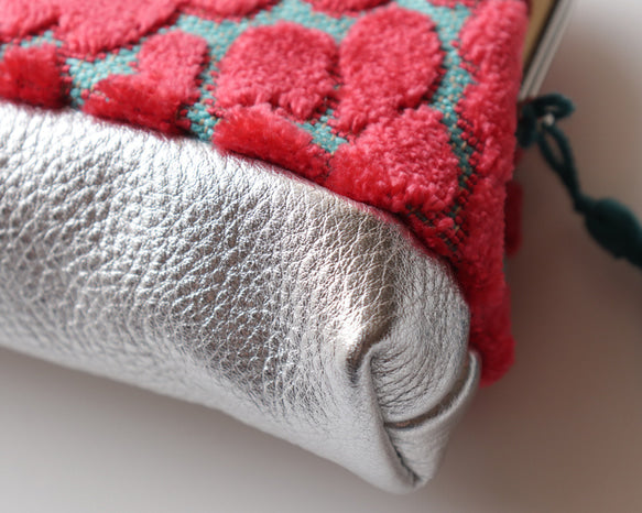 日本手作親子口金錢包｜豹紋天鵝絨 × 日本牛革（Hot Pink &amp; Turquoise）