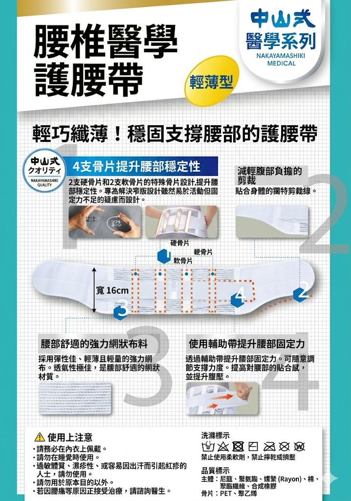 中山式 日本製 老牌醫護級 腰椎醫學護腰帶 輕薄型