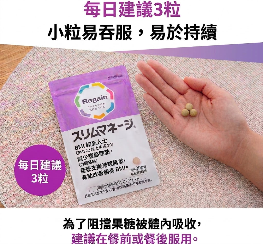 Regain 日本製 SlimManage BMI與腹部脂肪管理機能性補充食品 90粒×3袋優惠裝